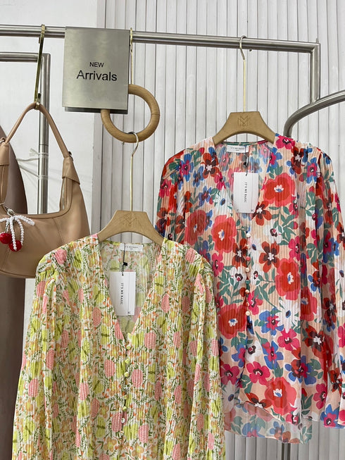 Spring Floral Print Pleated Chiffon Shirts